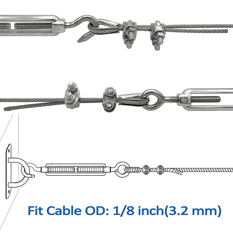 4-Pcs Turnbuckle/Tension(Eye&Hook, M6) 16-Pcs 1/8 Inch Wire Rope Cable Clip/Clamp(M3), 8-Pcs Thimble(M3) Kit