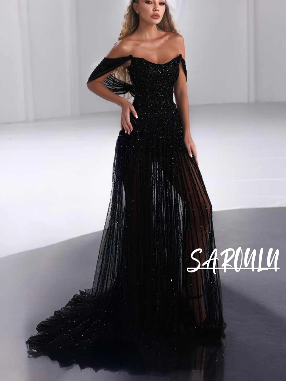 Glam Black Beaded Evening Dress Off Shoulder Flowy Tulle See Through Long Prom Gown Customized Statement Photoshoot Gala Wear