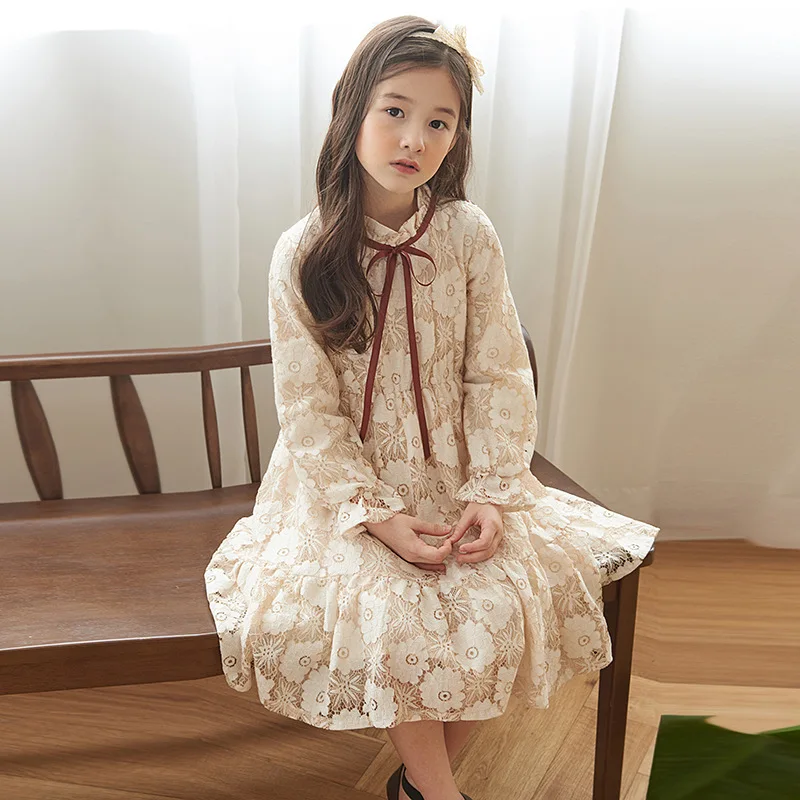 2024 Spring Autumn Winter Baby Girls Long Sleeves Casual Dresses 3-11Years Korean Version Kids Upscale Lace Princess Dress