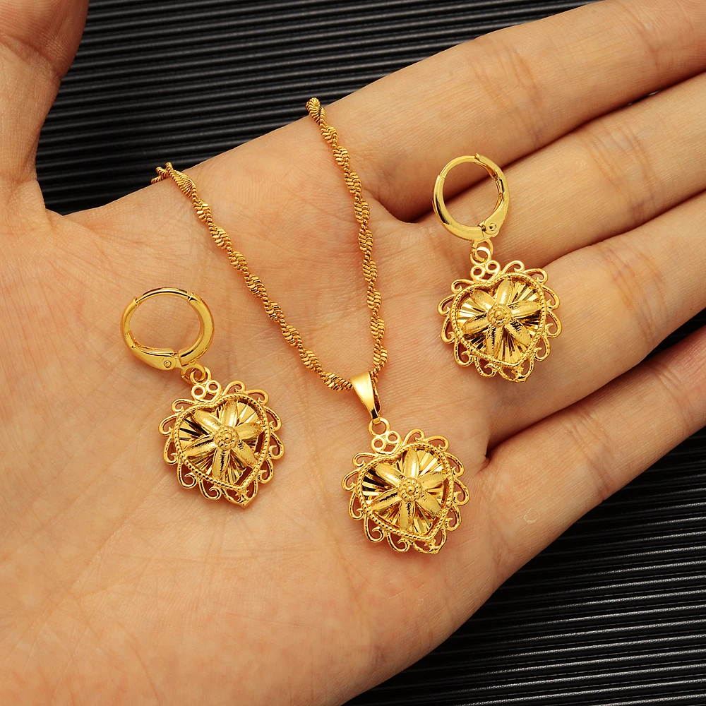 24 k Solid fine Gold Heart flower shape Necklace earrings Trendy women Men Jewelry Charm Pendant Chain Animal Lucky Jewelry sets