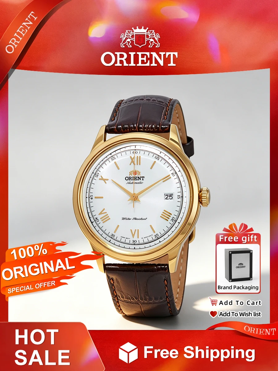 Reloj Automático Orient Bambino en Tono Dorado para Hombre, Estilo Vintage con Cristal de Burbuja, Esfera Romana, Correa de Cuero Marrón, Ideal para Regalo de Negocios o Boda