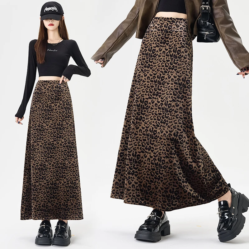 

Retro Leopard Print Skirts for Women, 2025 New High Waist Slimming A-Line & Bodycon Mid-Length Velvet Skirt for Petite Fashion