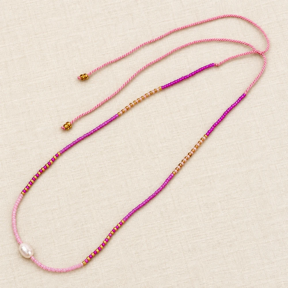 1pc Freshwater Pearl Beaded Chain Necklace Adjustable 70cm Pink Purple Oval Pearl Trendy Party Jewelry for Women