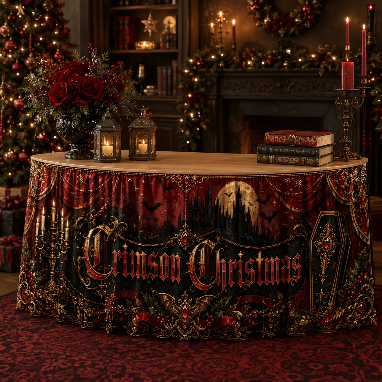 Send a table skirt 1 piece, red Christmas tablecloth table skirt, Gothic castle full moon bat coffin
