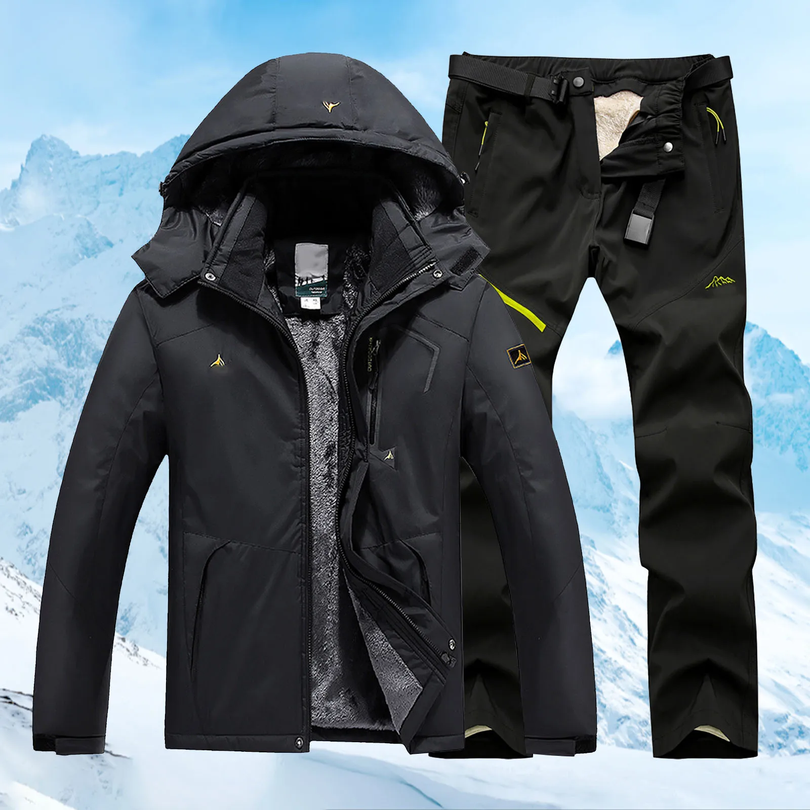 Herren Dicker Fleece-Gefütterter Taktischer Zweiteiler Winddicht Wasserdicht Warm Winter Reit- und Bergsteiger-Outdoor-Bekleidungsset für Männer – Detail 2