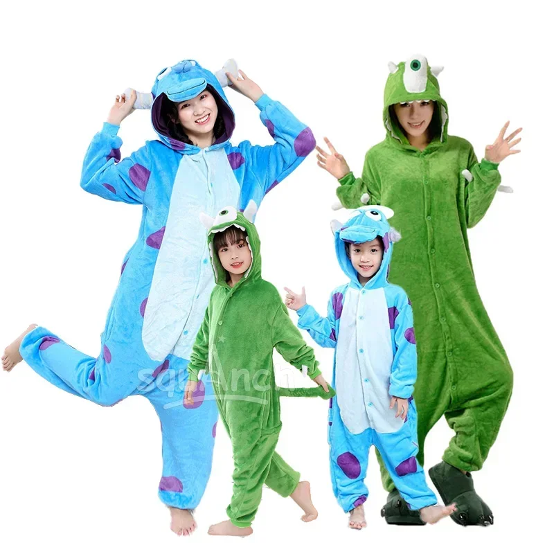 Sully Mike Onesies para crianças, adulto, conjuntos familiares, flanela, pijama quente, monstro animal, kigurumis, roupa de Halloween, mulheres, homens, menino, menina