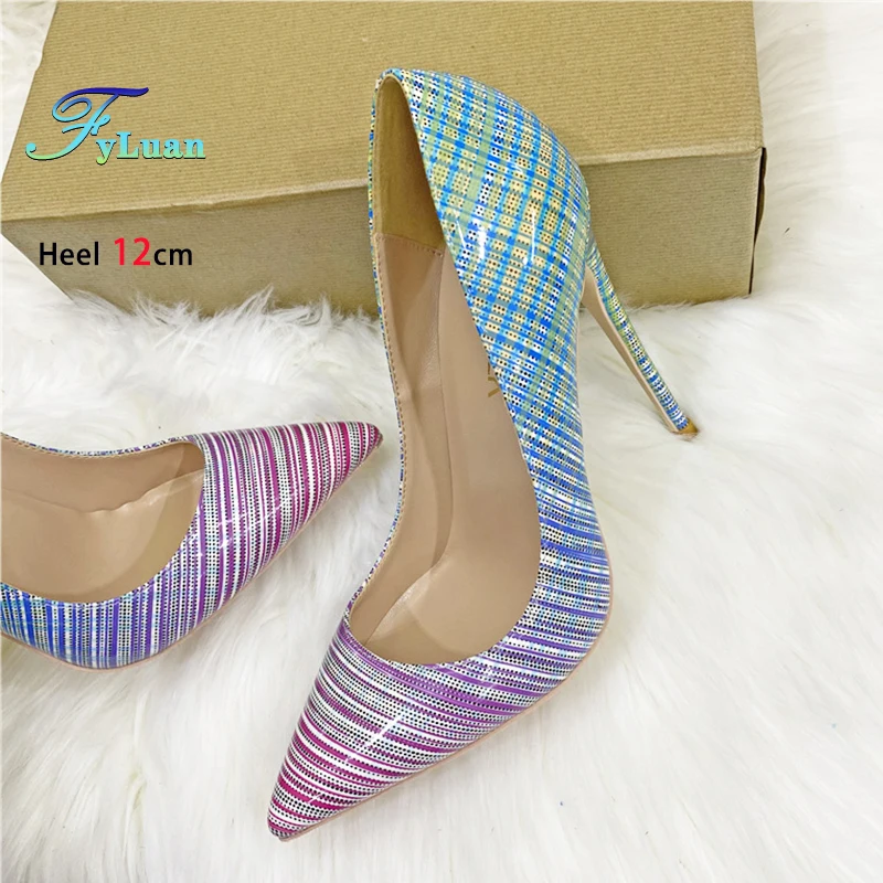 

Gradient Color Stripe High Heels For Women's Spring Summer Colorful Fashion Shoes Club Party Pointed Woman Pumps 8cm 10cm 12cm