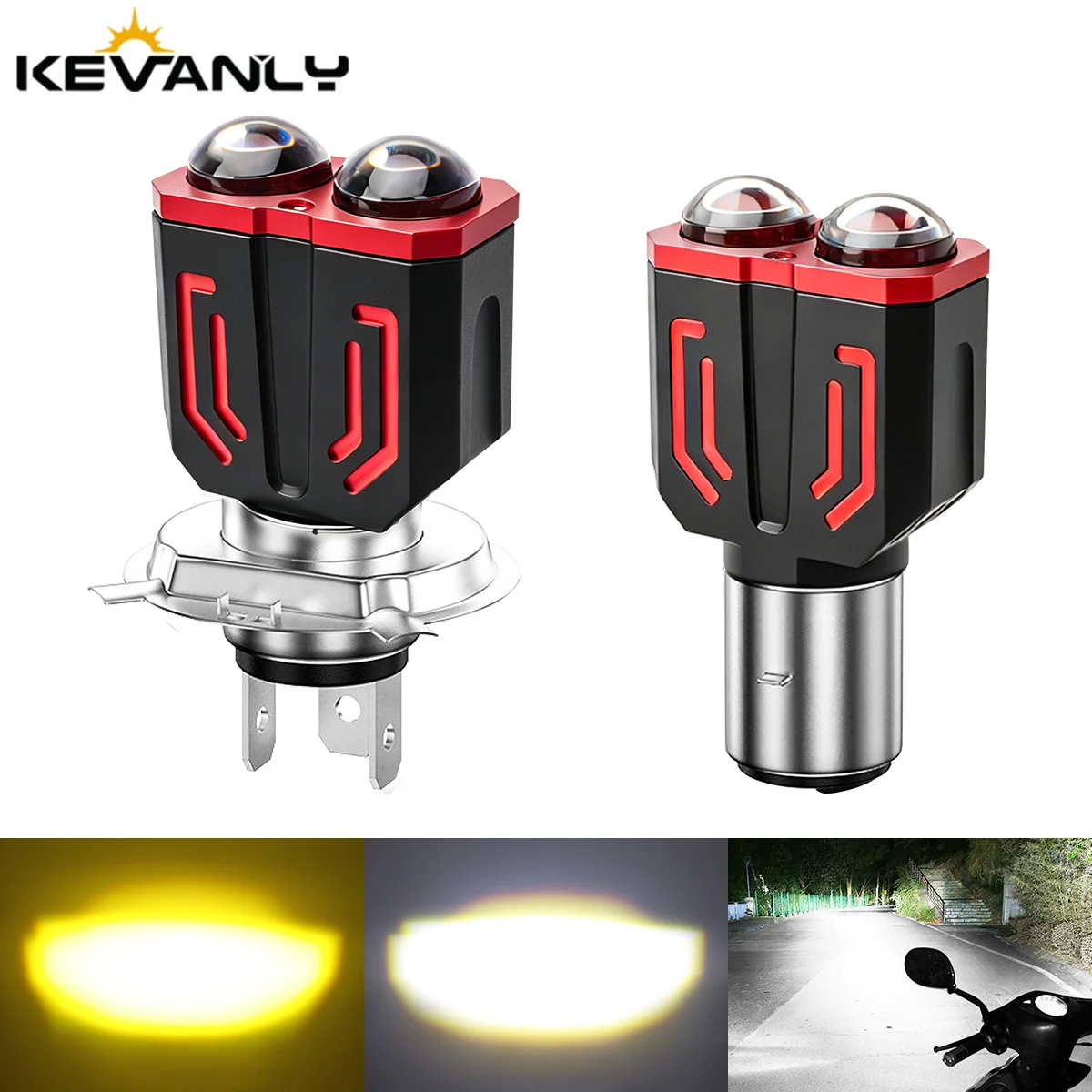 KEVANLY 1x H4 BA20D H6 LED Motorcycle Headlight Bulb Dual-Lens 3570 Chip CSP LED Motorbike Lamp White Amber Scooter Lights