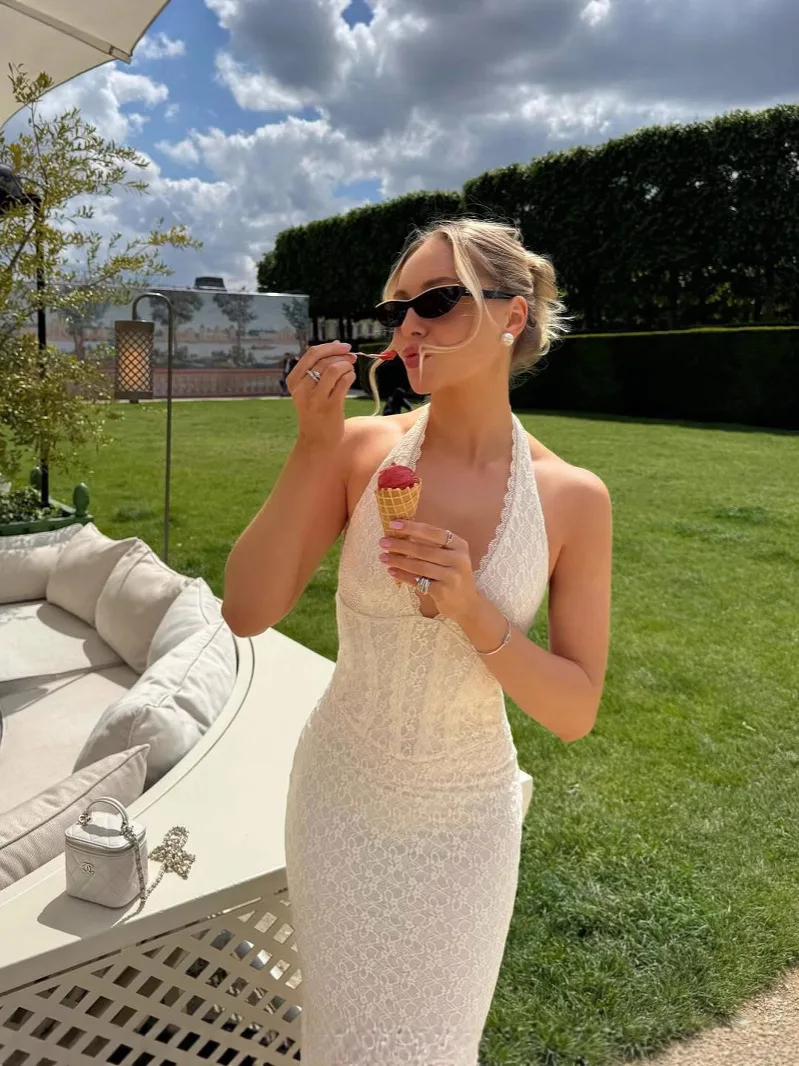 Vestido largo calado con tirantes y cuello colgante, sexy, sin espalda, estilo Retro europeo americano, estético de encaje de verano