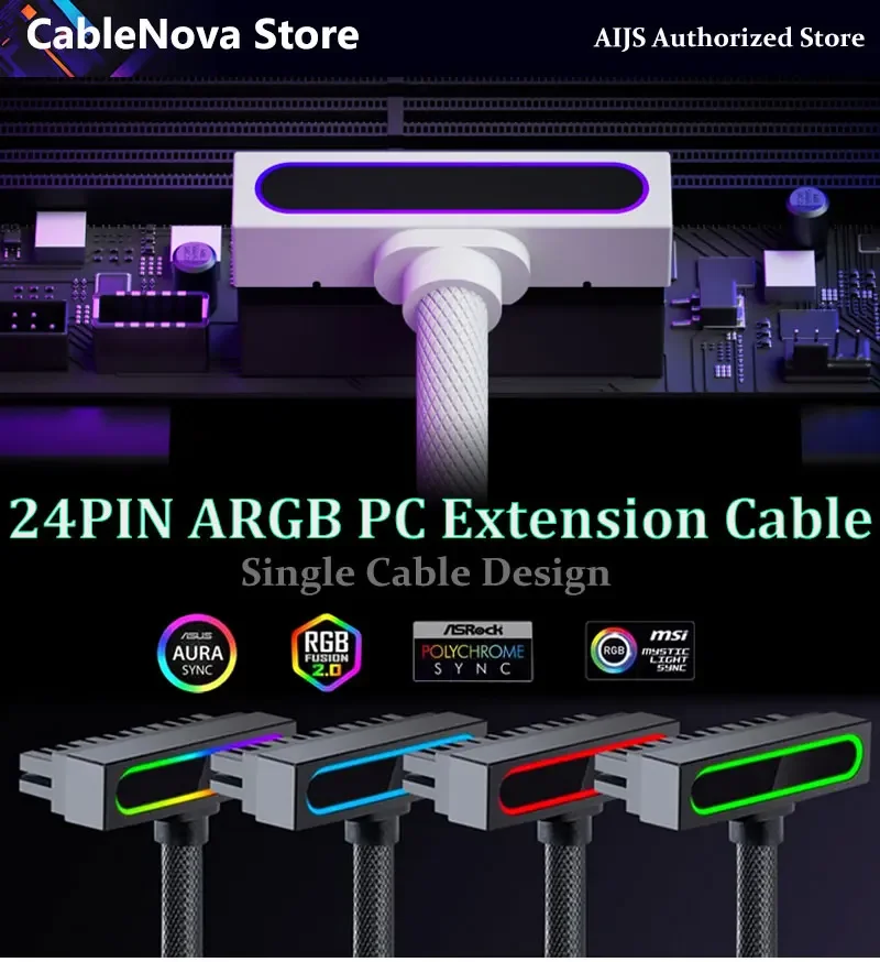 ATX Motherboard 24 Pins PSU Extension for PC ARGB Light with 5V 3Pin 90° Right-Angle 30cm PC CPU Cable Set One-Wire Connection