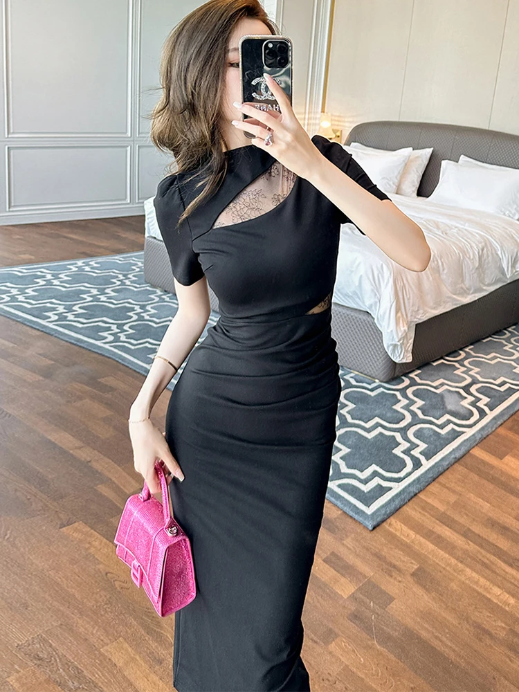 2023 Summer Elegant Sexy Dresses for Women Black Perspective Mesh Spliced Slim Fit Folds Slit Robe Female Party Office Vestidos