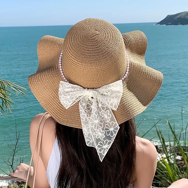 

Large-brimmed pearl bow straw hat for women - summer sun protection hat for beach vacation, beach hat, UV protection fishing hat
