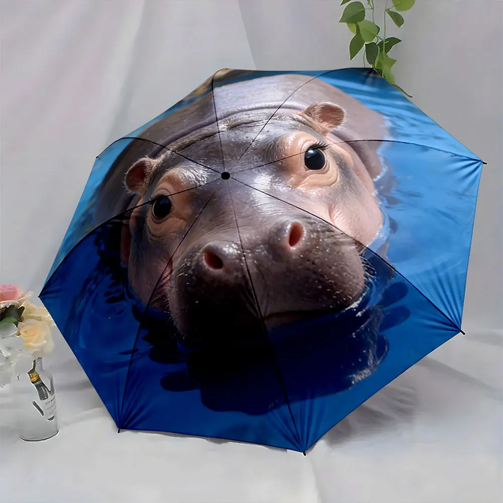 1PC Hippo Design Umbrella in Cozy Room Print 8 Iron Ribs Folding Umbrella Auto-Open Fashion Sunshade