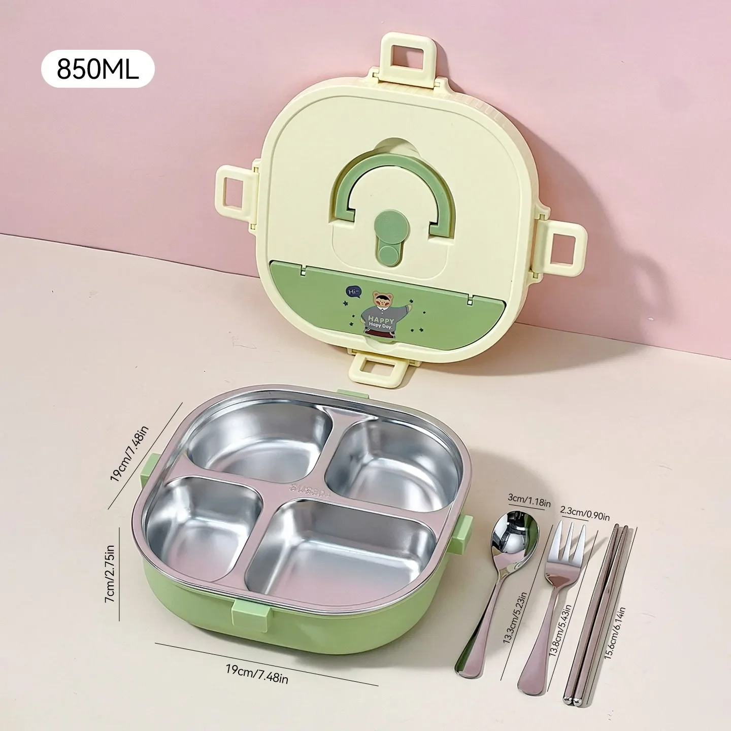 3/4 Raster Verzegelde 304 RVS Voedselcontainer voor Studenten Vierkante Verdeelde Bento Lunchbox Met Bestek Magnetronbestendig