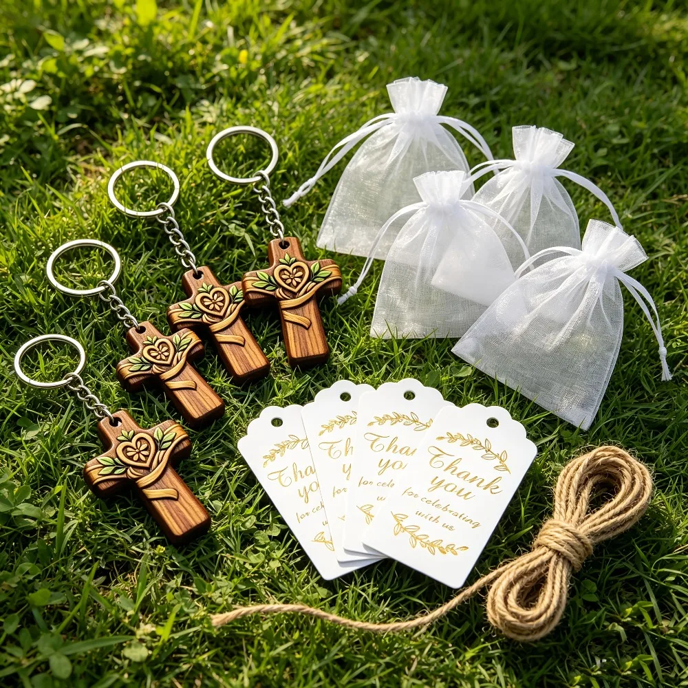 5-20Sets Wooden Cross Love Flower Keyring Religious Pendant Green Leaf Ribbon Baptism Communion Church Favor