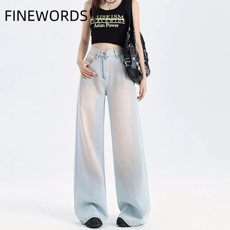 

FINEWORDS Vintage Wide Leg Gradient Blue Baggy Jeans Women Streetwear Y2k Korean Jeans Full Length High Waist Casual Denim Pants