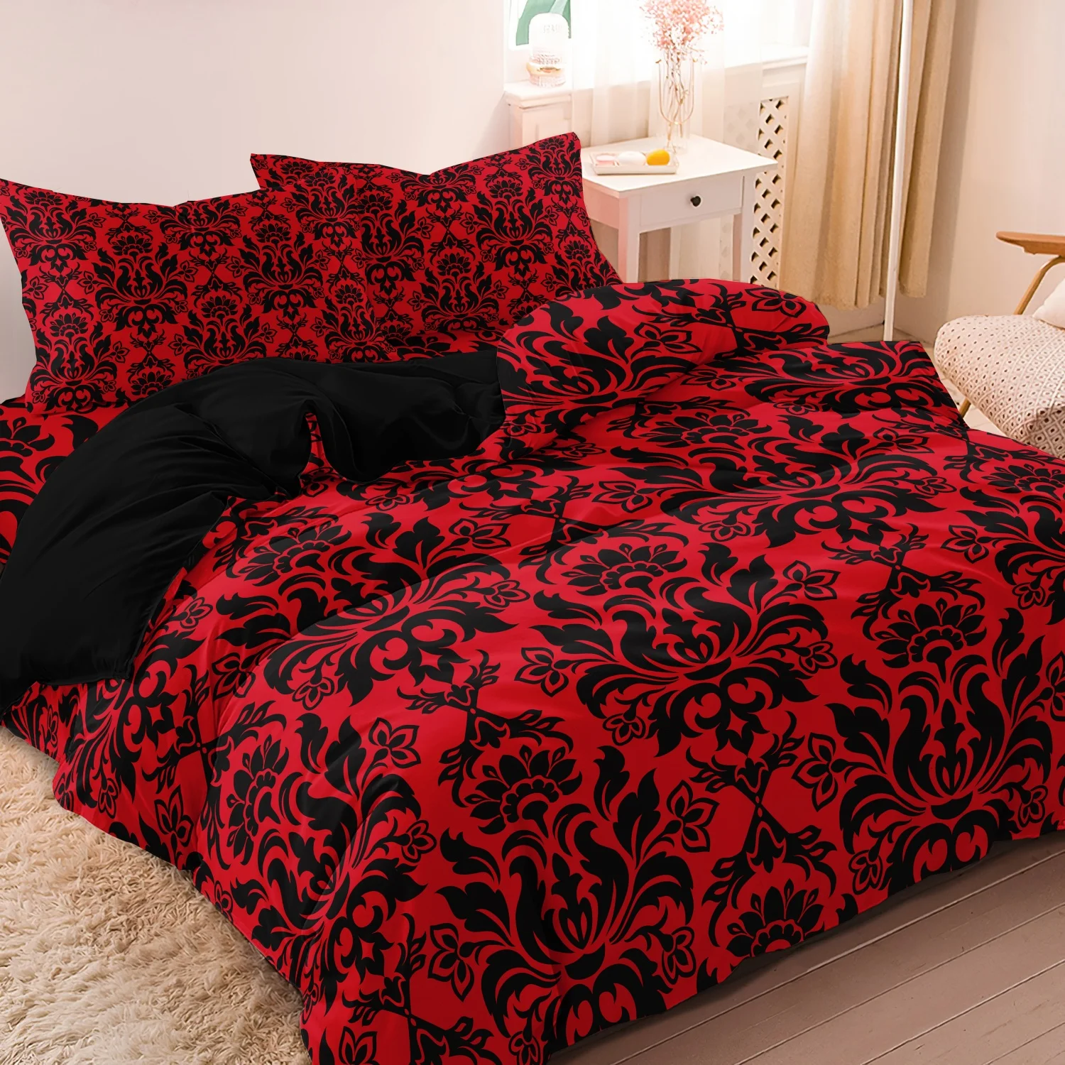 3Pcs Red Textured High-Definition Print Bedding Set Included 1 Duvet Cover & 2 Pillowcases For All-Season Home Dorm Decor