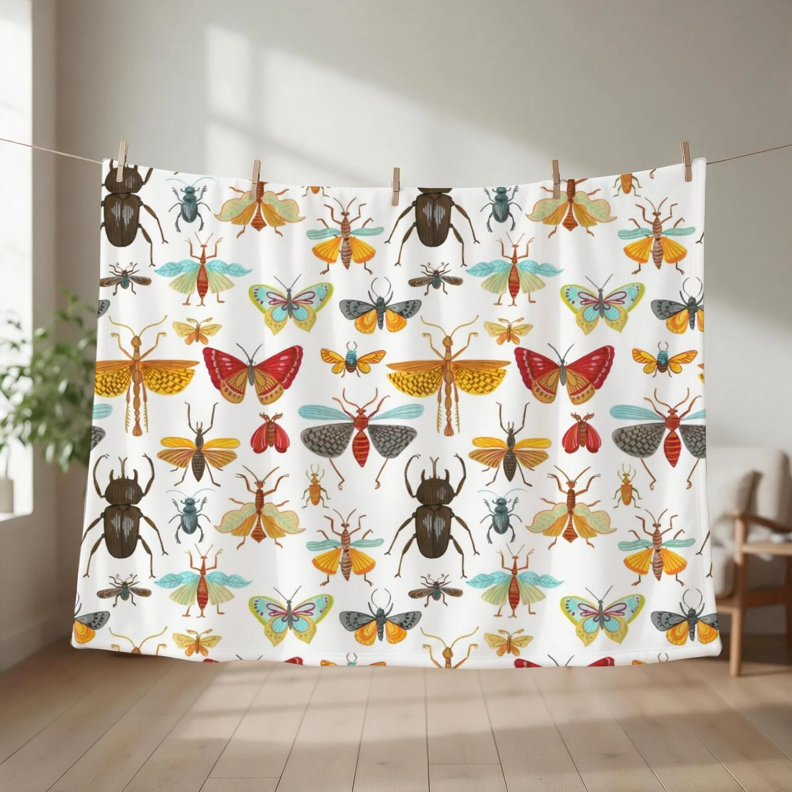 Colorful insects, butterflies and beetles Throw Blanket couch cozy soft plush fuzzy picnic outdoor blanket