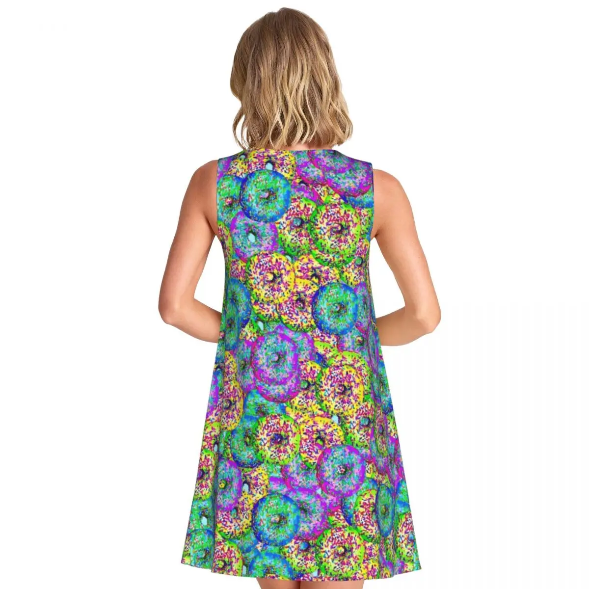 Abstract Doughnut Art Casual Dress Colorful Food Print Sleeveless Beach Dresses Woman O Neck Simple Dress Summer Print Clothes