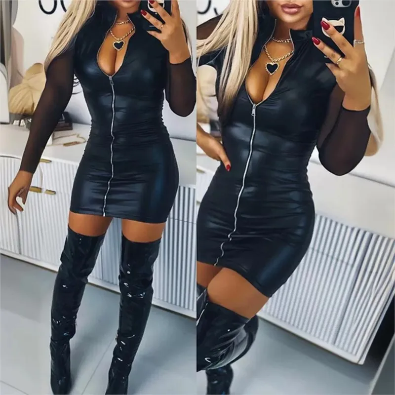 2025 frauen Schlank Bodycon Mini Kleid Frühling Sommer Sexy Solide Mesh Sleeve Zipper Leder Hip-pack Kleider Für frauen Streetwear