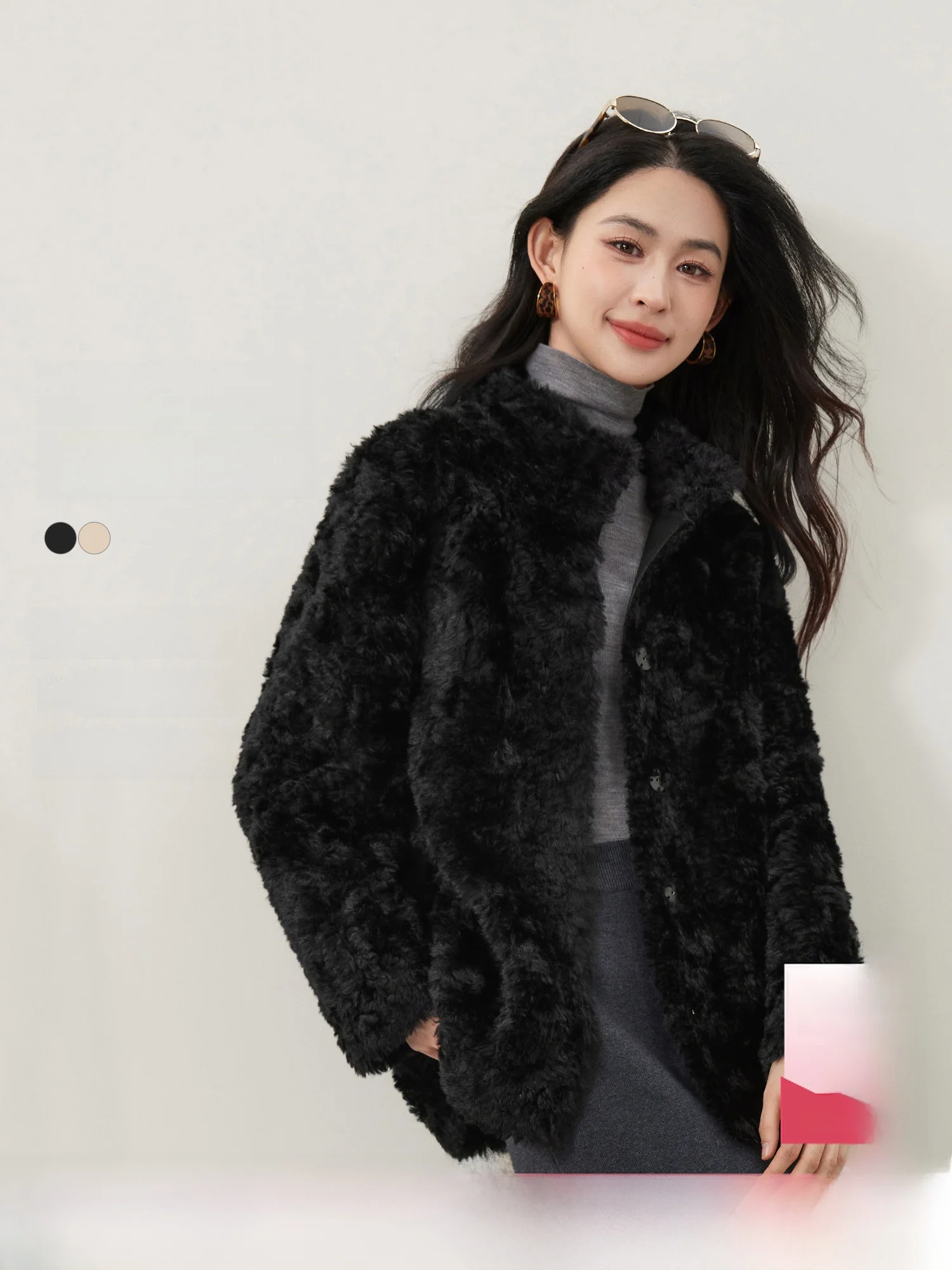 

High Quality Mi Home Women's Jacket Retro Style Lamb Fur Trimmed Coat Fluffy Leatherette One-Piece Old Money Concealed Button