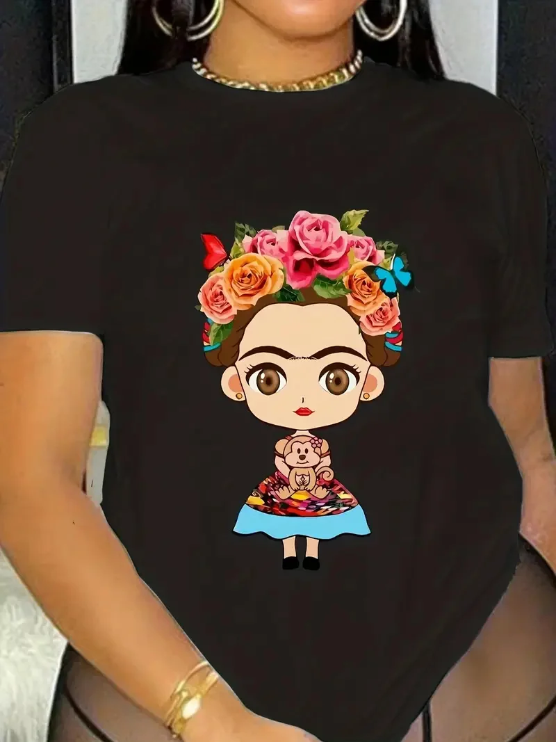 Cartoon Frida T-Shirt z nadrukiem, Casual t-shirt z krótkim rękawem na wiosnę i lato, odzież damska