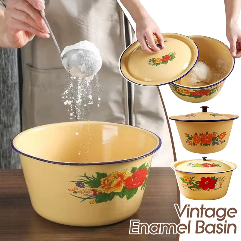 

Enamel Bowl Old-Fashioned Nostalgic Retro Vintage Enamel Mixing Bowl with Lid Vegetable Salad Cake Container Chinese Soup Basin