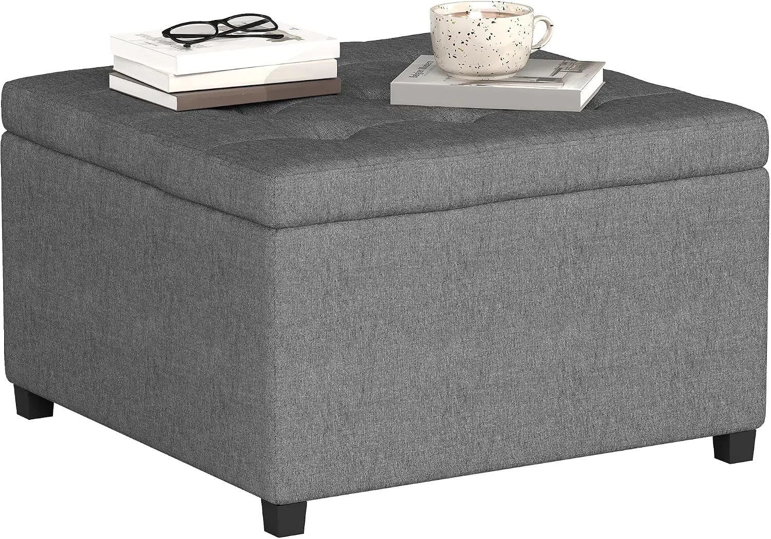 Storage Ottoman Coffee Table With Flip Top Seat Lid Wood Frame Tufted Upholstered Footstool Stool Container Organizer For Living Room Entryway Bedroom Gray