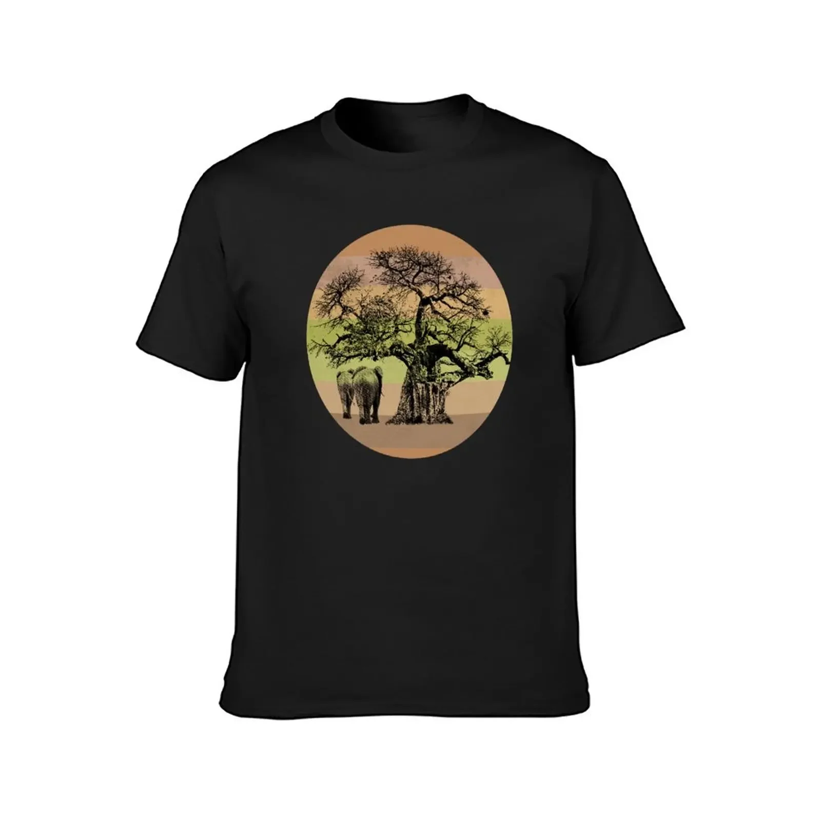 Baobab Tree and Elephants on Retro-style Sunset in Africa Colors T-Shirt shirts graphic tees man t shirt mens champion t shirts