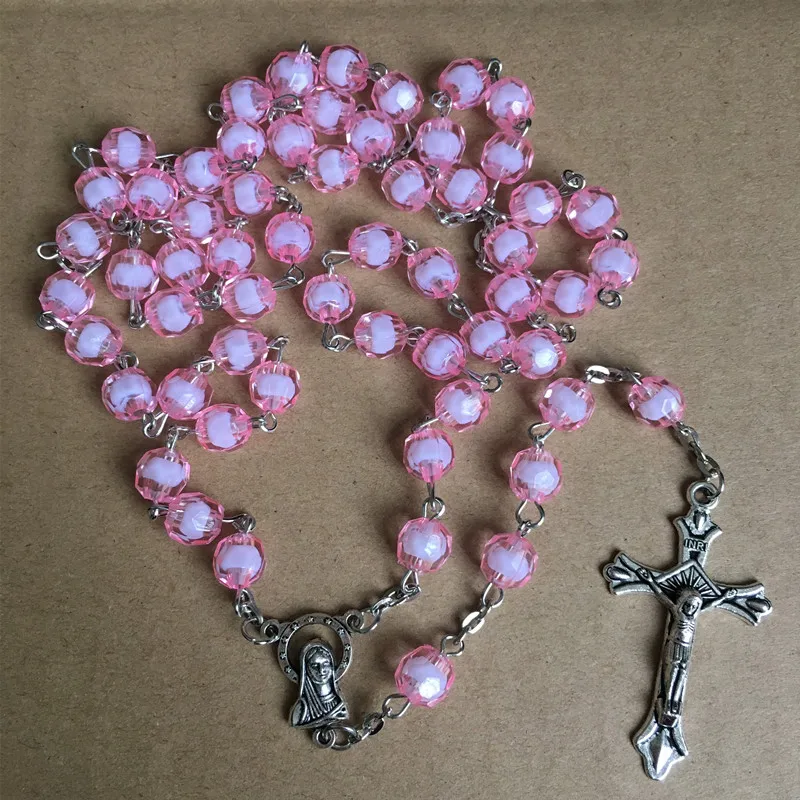 Rosario religioso rosa/blanco de 8 mm, collar de rosario católico, rosario con centro de rosario antiguo de la Virgen María y cruz de Jesús