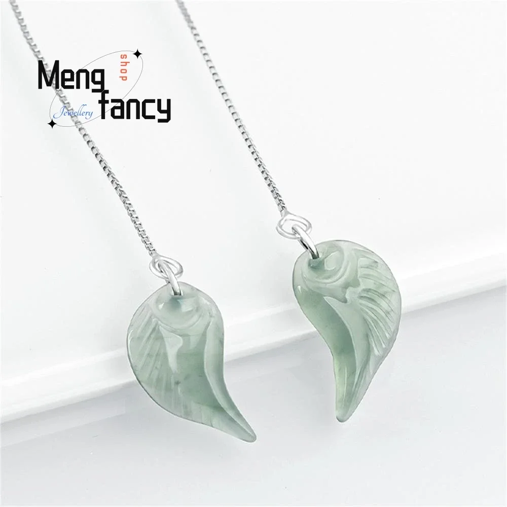 Natural A-goods Jadeite Blue Water Angel Wings Ear Wire S925 Silver Ice Jade Earrings High-grade Luxury Quality Fashion Jewelry