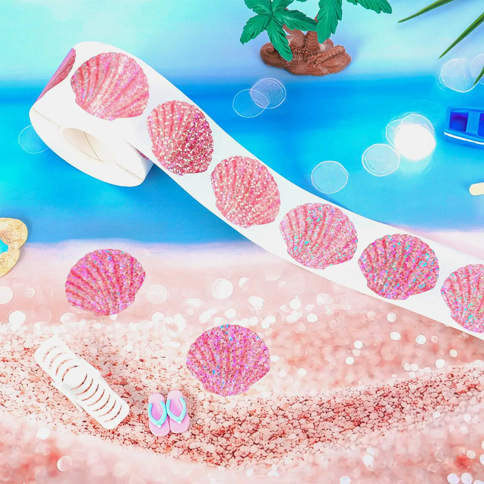 500 Pcs Summer Seashell Stickers Roll Holographic Seal Stickers Glitter Pink Sea Shell Sparkly Self-Adhesive Decals for Birthday view 3