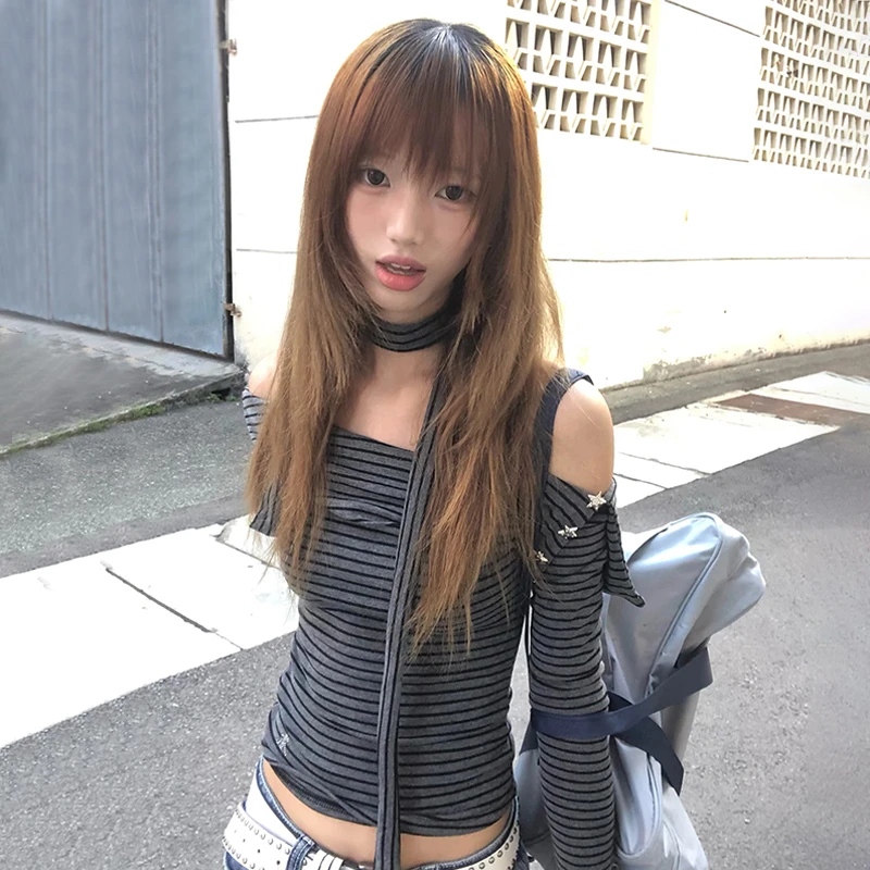 Karrram اليابانية Y2k قبالة الكتف محبوك القمم 2000s نمط كم طويل تي شيرت مخطط مع وشاح خمر Harajuku تريكو 90s #2