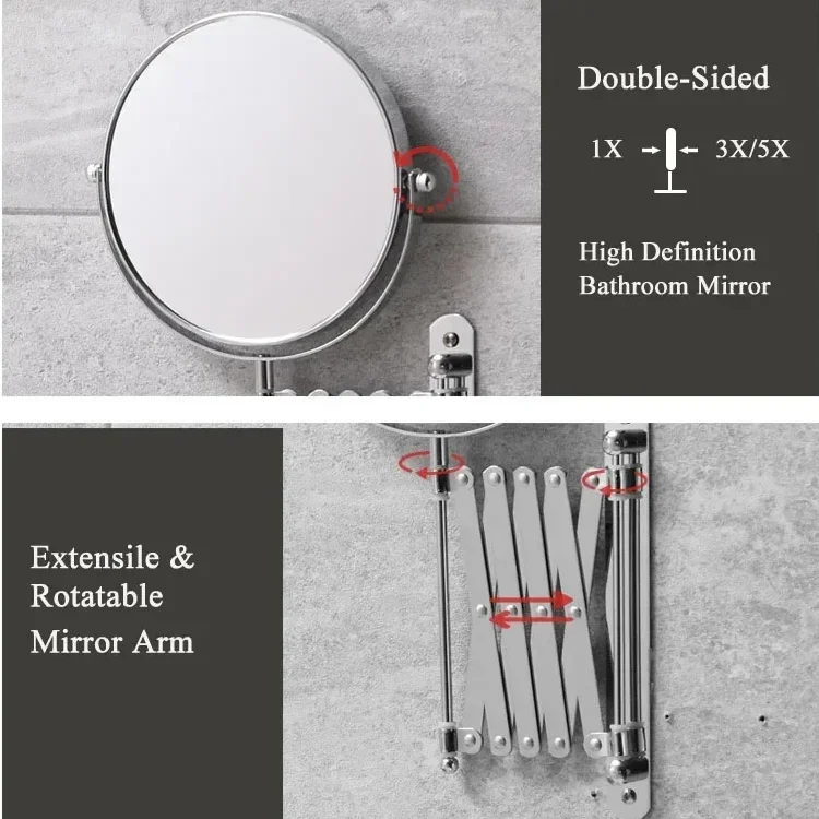 Bathroom Folding Vanity Mirror Wall-mounted Vanity Vanity Mirror Retractable Mirror Metal Double-sided Mirror 2X/3X Magnificatio