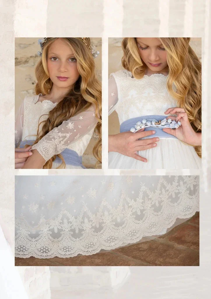 فساتين فتاة الزهور من التول لحفلات الزفاف بدون ظهر مزينة بالدانتيل على شكل زهور أنيقة للأطفال Quinceanera فستان التواصل الأول حسب الطلب