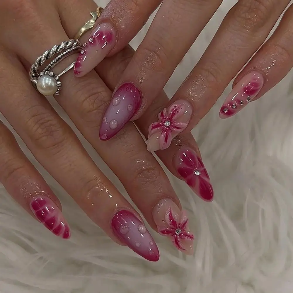 

24/30PCS/BOX Cat Eyes False Nail 3D Bow Ripple Love Pearl Press on Nails Simple French Lines with Jelly Stickers Nail Tips