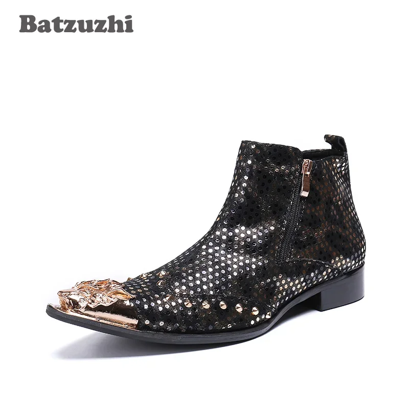 

Batzuzhi Western Men Boots Pointed Toe Leather Boots Men Rock Cowboy Boots Rivets Handsome Botas Hombre Party Dress Botas, US12