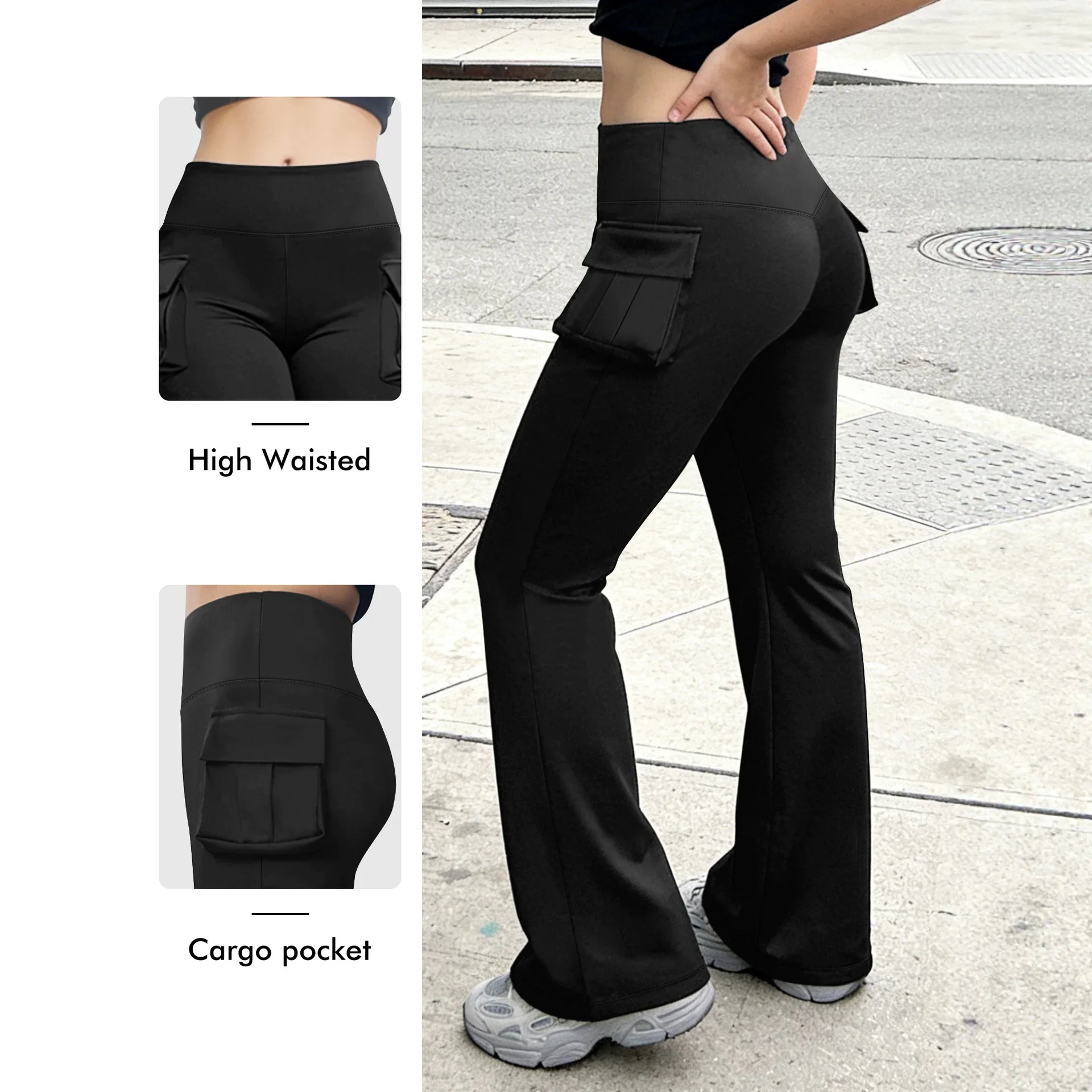 Women High Waist Butt Lifting Cargo Flare Pants with Pockets Slim Fit Sports Workout Bootcut Trousers