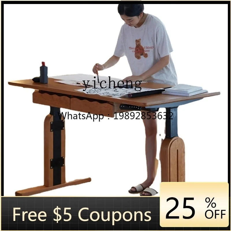

ZZ Xl Electric Lifting Table Stone Plate Household Solid Wood Desk Computer Study Table Cherrywood