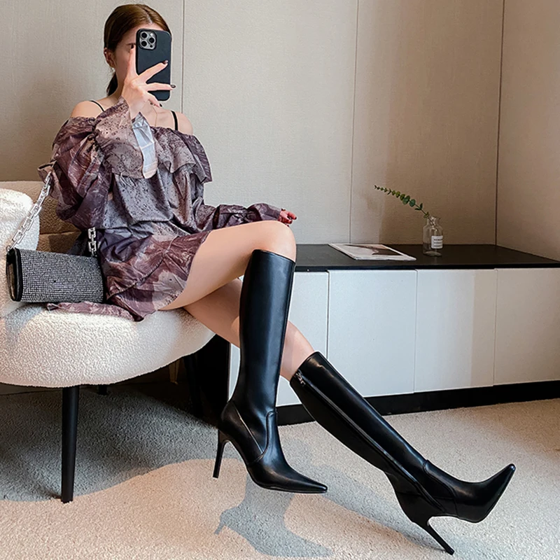 New Retro Knee-High Boots Women Side Zipper High Heels Shoes Woman Square Toe Long Tube Boots Women Fashion Botines Mujer