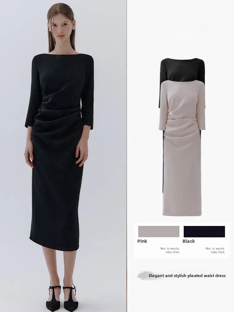 

Elegant Long Sleeve Women's Dress Spring Summer New Style Pleated Bodycon High Waist A-Line Skirt Casual Polyester Fiber