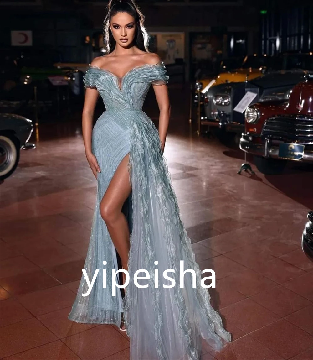 Exquisitos vestidos elegantes con hombros descubiertos para celebridades de sirena, vestidos drapeados de Organza hasta el suelo, vestidos de noche