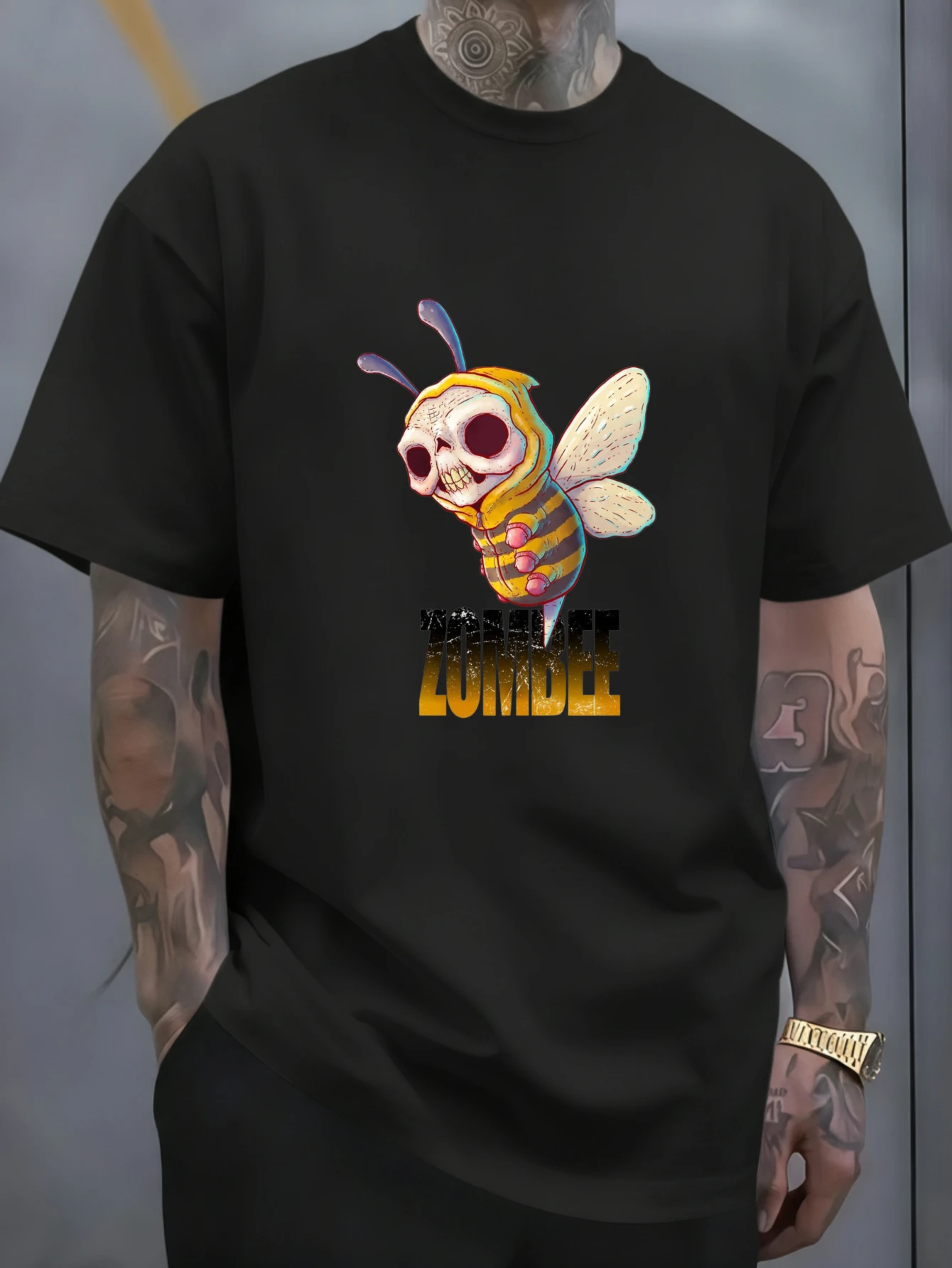 1PC JOOCAR T-shirt en coton noir à motif de crâne d'abeille zombie, décontracté, toutes saisons, col rond, extensible, respirant, manches courtes, haut streetwear à imprimé lettres tendance, choix de cadeau idéal pour les fêtes