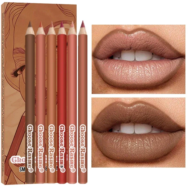 6Pcs/set Nude Matte Lip Liner Pen Waterproof and Sweat-proof Not Easy To Fade Non-stick Cup Lipstick Pencil Lip Makeup Cosmetics