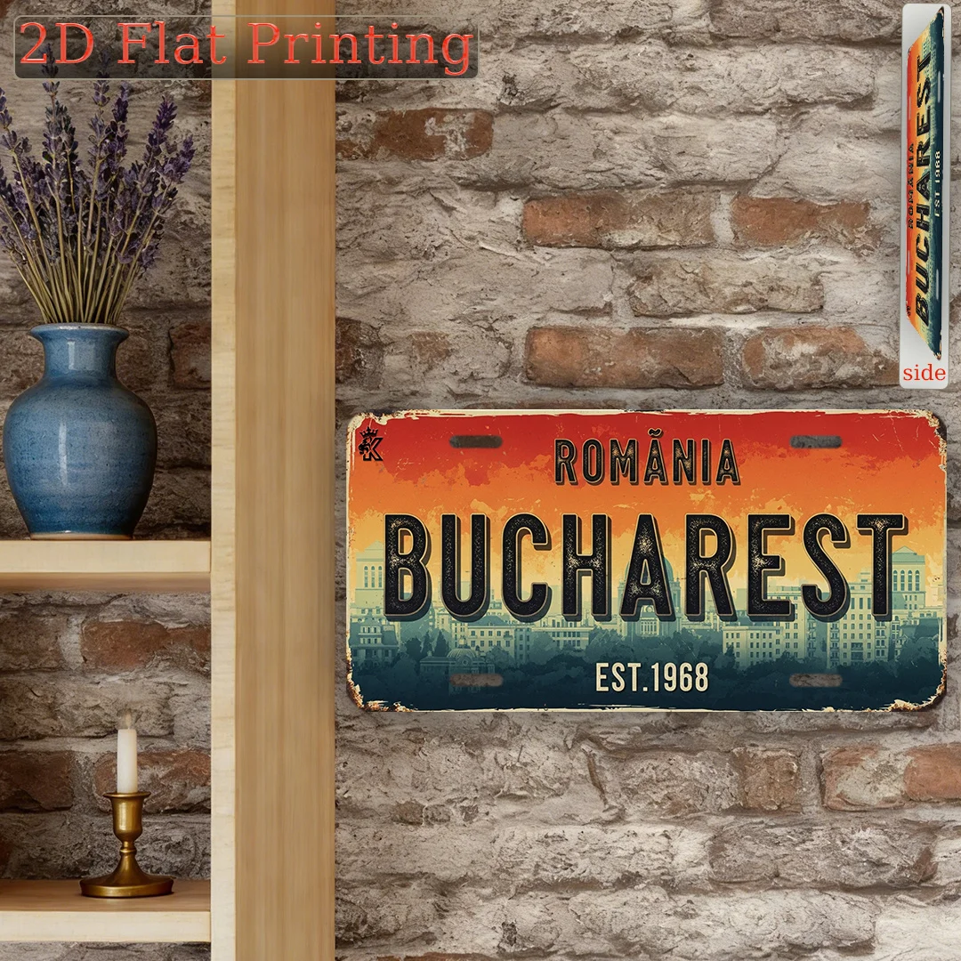 2D Flat Printing, Single Piece, Vintage Sign, Decorative Plaque And Ornament, Retro City Sign from Bucharest, Romania, Vintage H