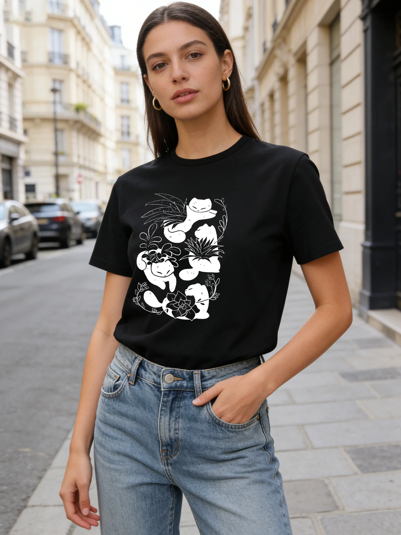 

Cute Plant Cat T Shirt Women Kawaii Succulent Cat Graphic Tee 2026 Spring Summer Round Neck Short Sleeve Tops
