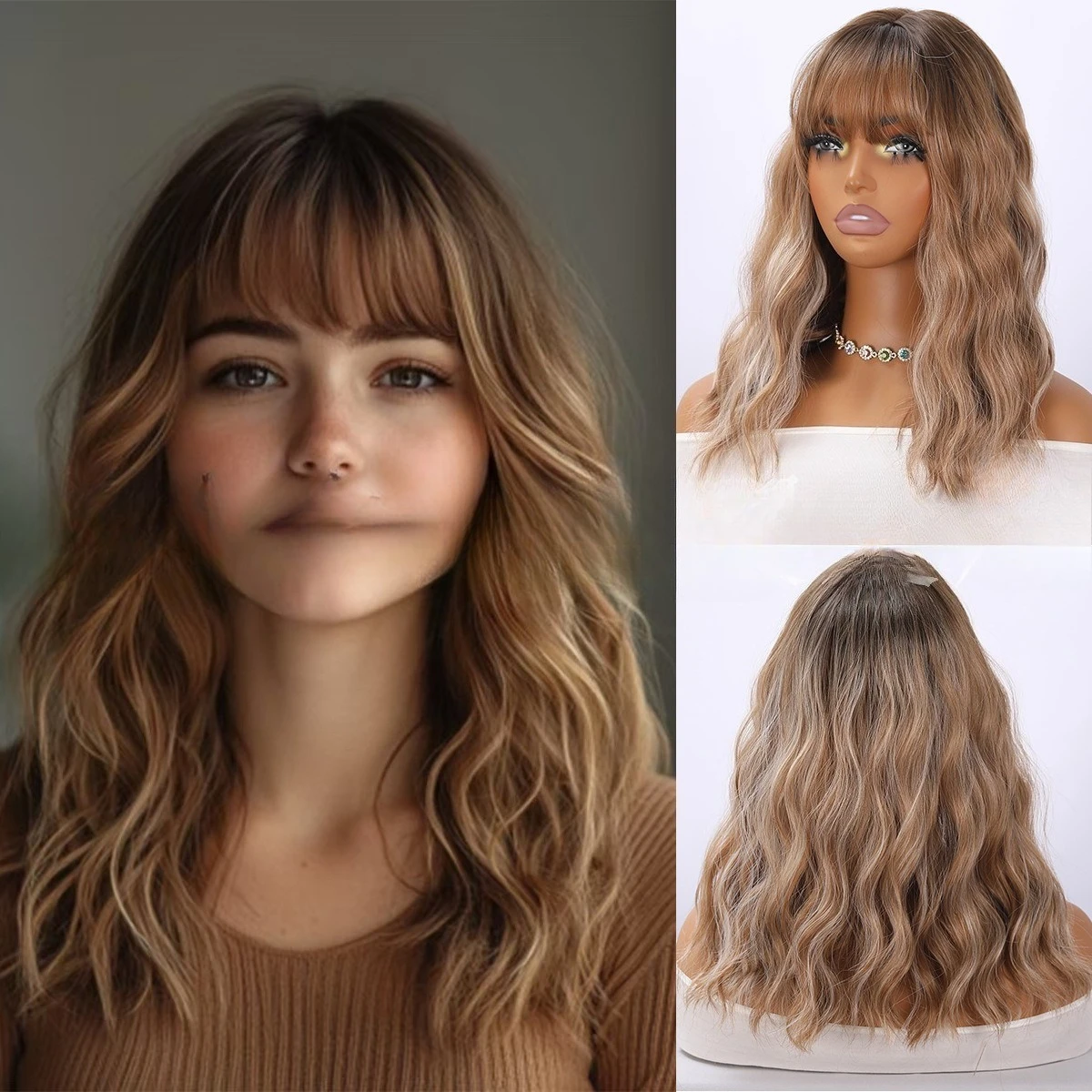 

Wig long curly hair European beautiful woman long headgear water ripple air bangs fashion fluffy simulation hair full headgear