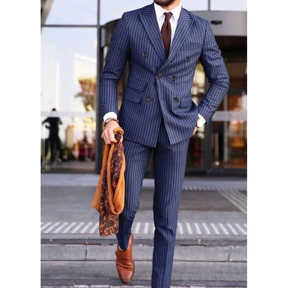 Formal Men\'s Suits Regular Fit 3 Piece Blazer Vest Pants Set Peak Lapel Tuxedos Stripe For Wedding Groomsmen Luxury High Quality