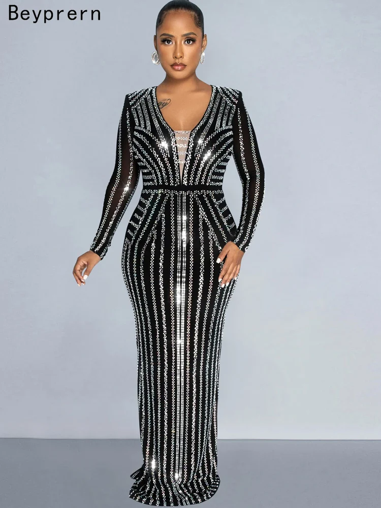 Beyprern Sparkle Silver Rhinestone Maxi Dress Elegant Party Dresses For Women Crystal Long One-Piece Dress Gown Birthday Outfits