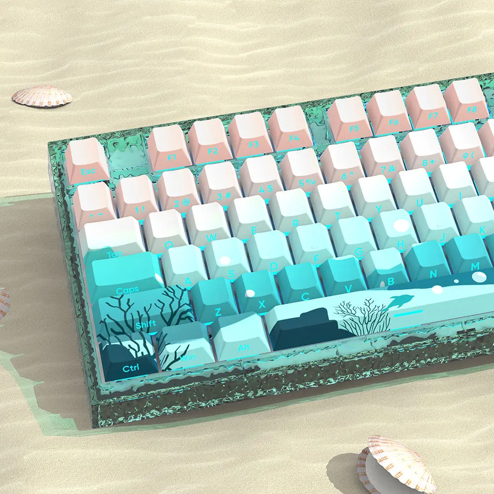 125 Keys Keycaps Deep Sea Gradient Blue Pink Side Engraved Translucent Sublimation Adaptable To 68/75/96/104 Mechanical Keyboard